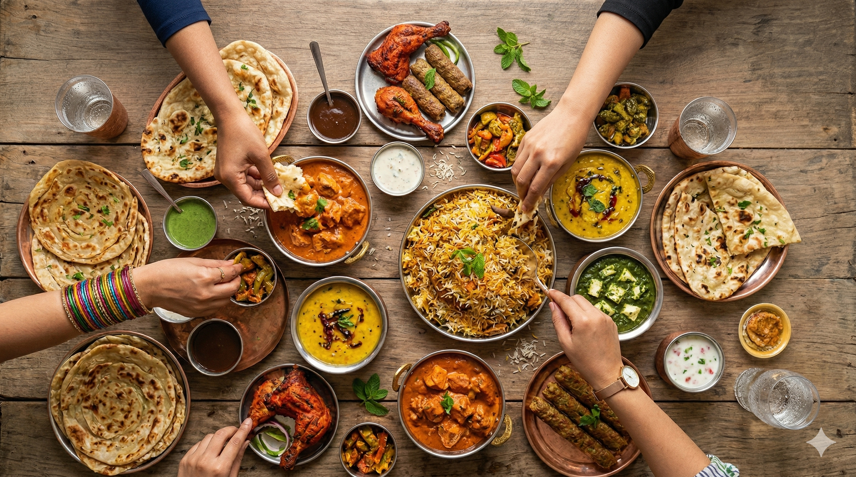 Indian feast spread with naan, biryani, curries and more at Heritage Indian Cuisine Duncan